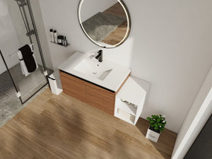 English Elm 48 Inch Wall Mounted Bathroom Vanity Wood Grain Resin Sink Soft Close Cabinet Shelf Brown Ebony/Glossy White W1972S00047