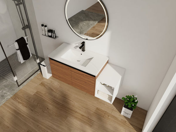 English Elm 48 Inch Wall Mounted Bathroom Vanity Wood Grain Resin Sink Soft Close Cabinet Shelf Brown Ebony/Glossy White W1972S00047