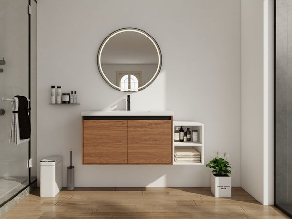 English Elm 48 Inch Wall Mounted Bathroom Vanity Wood Grain Resin Sink Soft Close Cabinet Shelf Brown Ebony/Glossy White W1972S00047