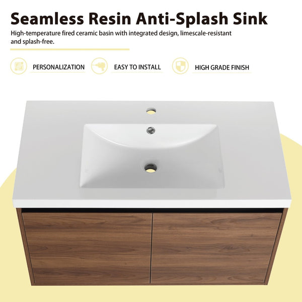 English Elm 48 Inch Wall Mounted Bathroom Vanity Wood Grain Resin Sink Soft Close Cabinet Shelf Brown Ebony/Glossy White W1972S00047