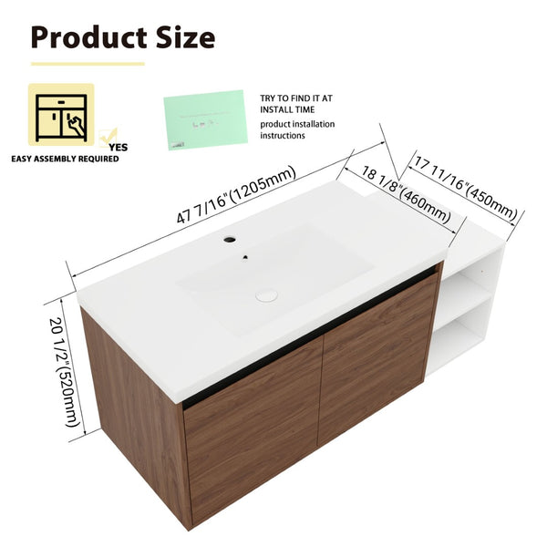 English Elm 48 Inch Wall Mounted Bathroom Vanity Wood Grain Resin Sink Soft Close Cabinet Shelf Brown Ebony/Glossy White W1972S00047