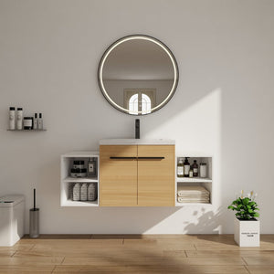 English Elm 48 Inch Wall Mounted Bathroom Vanity Wood Grain Resin Sink Soft Close Cabinet Shelf W1972S00048
