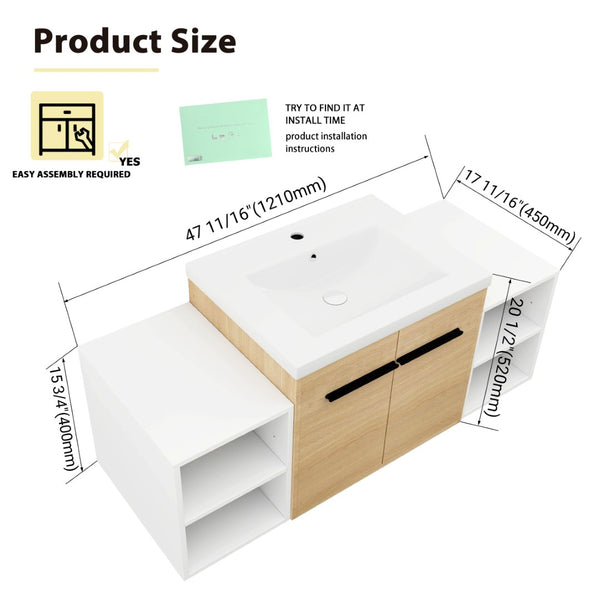 English Elm 48 Inch Wall Mounted Bathroom Vanity Wood Grain Resin Sink Soft Close Cabinet Shelf W1972S00048