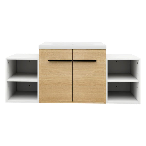 English Elm 48 Inch Wall Mounted Bathroom Vanity Wood Grain Resin Sink Soft Close Cabinet Shelf W1972S00048
