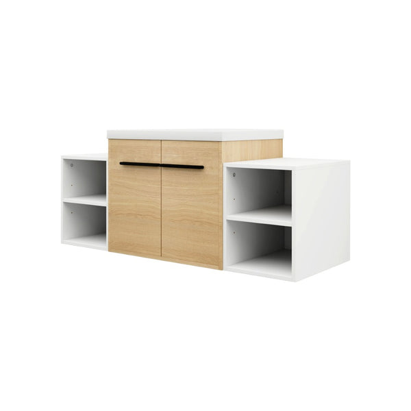 English Elm 48 Inch Wall Mounted Bathroom Vanity Wood Grain Resin Sink Soft Close Cabinet Shelf W1972S00048