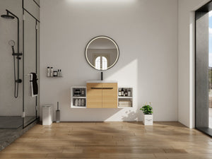 English Elm 48 Inch Wall Mounted Bathroom Vanity Wood Grain Resin Sink Soft Close Cabinet Shelf W1972S00048