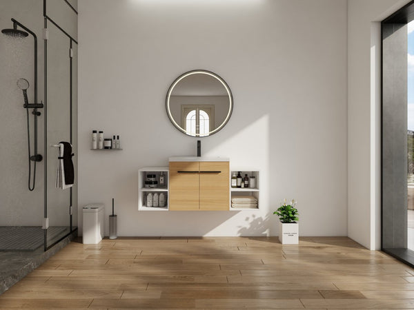 English Elm 48 Inch Wall Mounted Bathroom Vanity Wood Grain Resin Sink Soft Close Cabinet Shelf W1972S00048