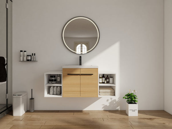 English Elm 48 Inch Wall Mounted Bathroom Vanity Wood Grain Resin Sink Soft Close Cabinet Shelf W1972S00048