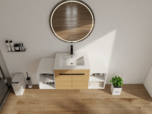 English Elm 48 Inch Wall Mounted Bathroom Vanity Wood Grain Resin Sink Soft Close Cabinet Shelf W1972S00048