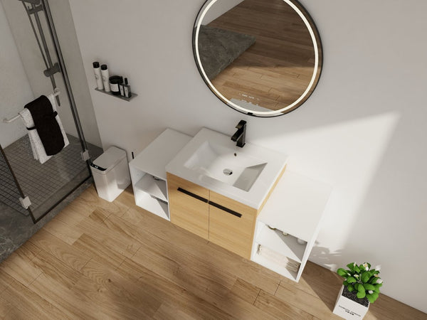 English Elm 48 Inch Wall Mounted Bathroom Vanity Wood Grain Resin Sink Soft Close Cabinet Shelf W1972S00048