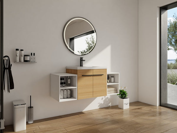 English Elm 48 Inch Wall Mounted Bathroom Vanity Wood Grain Resin Sink Soft Close Cabinet Shelf W1972S00048