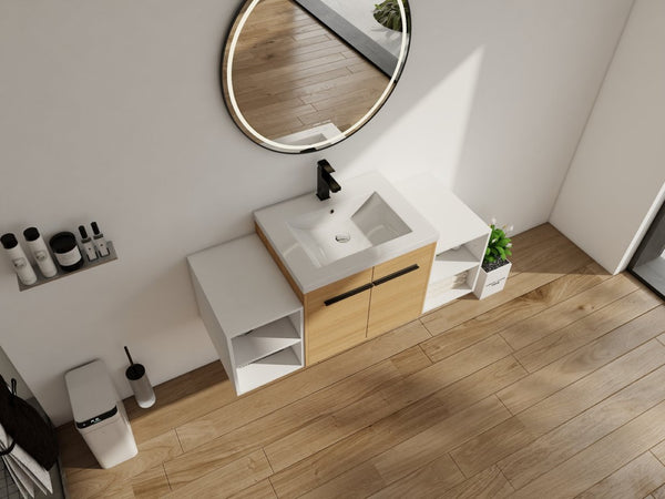 English Elm 48 Inch Wall Mounted Bathroom Vanity Wood Grain Resin Sink Soft Close Cabinet Shelf W1972S00048