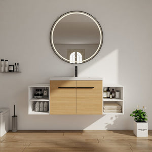 English Elm 54 Inch Wall Mounted Vanity with Resin Integrated Sink Soft Close Doors Open Shelving Glossy White/Oak W1972S00049