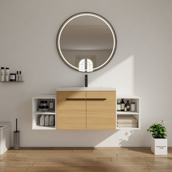 English Elm 54 Inch Wall Mounted Vanity with Resin Integrated Sink Soft Close Doors Open Shelving Glossy White/Oak W1972S00049