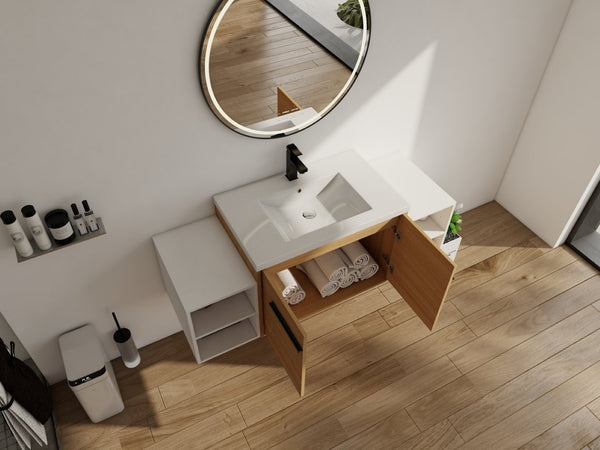 English Elm 54 Inch Wall Mounted Vanity with Resin Integrated Sink Soft Close Doors Open Shelving Glossy White/Oak W1972S00049