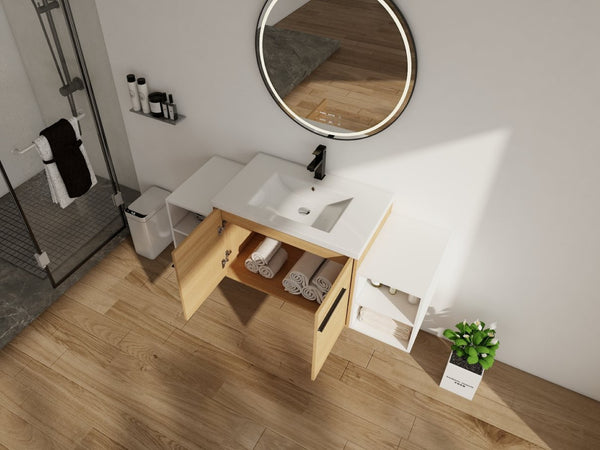 English Elm 54 Inch Wall Mounted Vanity with Resin Integrated Sink Soft Close Doors Open Shelving Glossy White/Oak W1972S00049