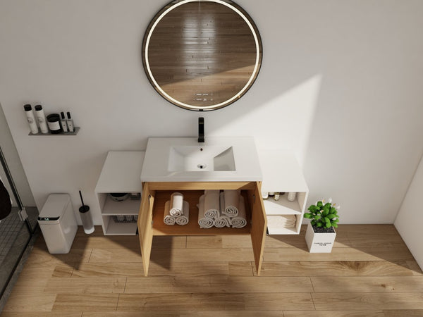 English Elm 54 Inch Wall Mounted Vanity with Resin Integrated Sink Soft Close Doors Open Shelving Glossy White/Oak W1972S00049
