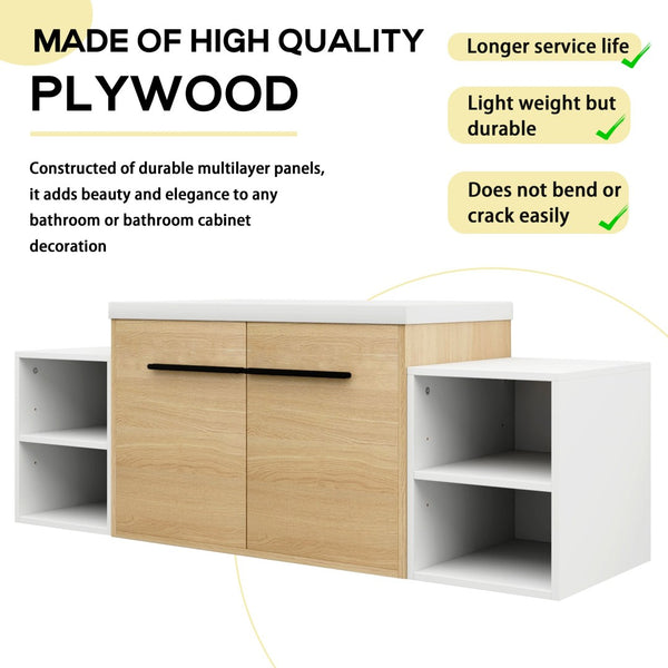 English Elm 54 Inch Wall Mounted Vanity with Resin Integrated Sink Soft Close Doors Open Shelving Glossy White/Oak W1972S00049
