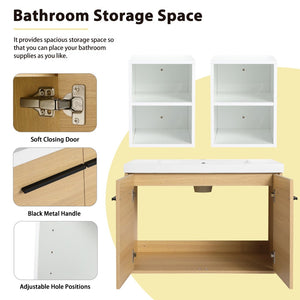 English Elm 54 Inch Wall Mounted Vanity with Resin Integrated Sink Soft Close Doors Open Shelving Glossy White/Oak W1972S00049
