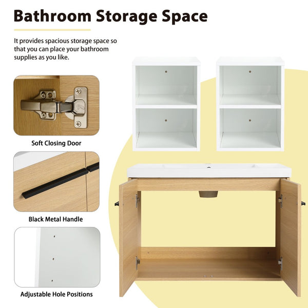 English Elm 54 Inch Wall Mounted Vanity with Resin Integrated Sink Soft Close Doors Open Shelving Glossy White/Oak W1972S00049