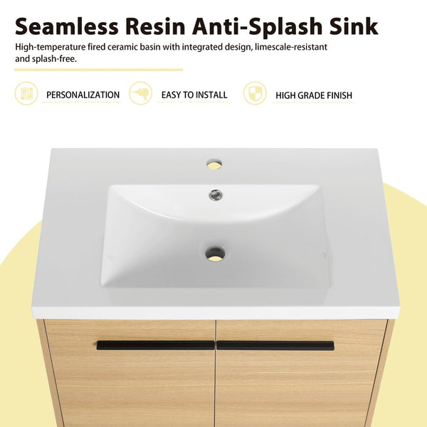 English Elm 54 Inch Wall Mounted Vanity with Resin Integrated Sink Soft Close Doors Open Shelving Glossy White/Oak W1972S00049