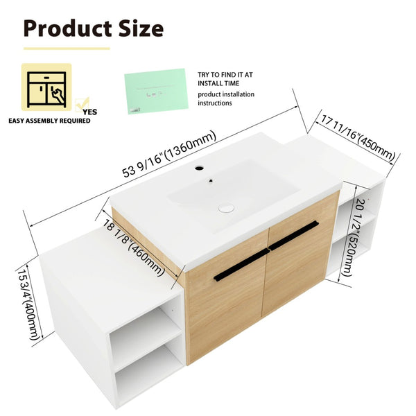English Elm 54 Inch Wall Mounted Vanity with Resin Integrated Sink Soft Close Doors Open Shelving Glossy White/Oak W1972S00049