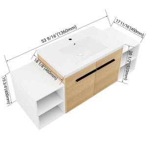 English Elm 54 Inch Wall Mounted Vanity with Resin Integrated Sink Soft Close Doors Open Shelving Glossy White/Oak W1972S00049