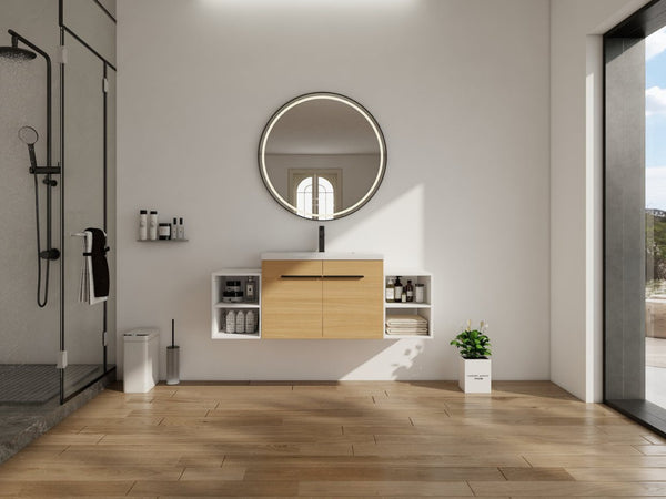 English Elm 54 Inch Wall Mounted Vanity with Resin Integrated Sink Soft Close Doors Open Shelving Glossy White/Oak W1972S00049