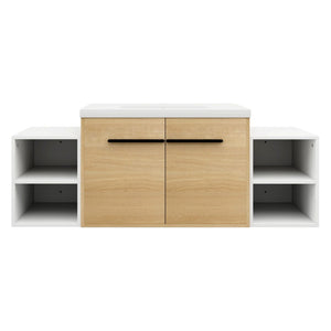 English Elm 54 Inch Wall Mounted Vanity with Resin Integrated Sink Soft Close Doors Open Shelving Glossy White/Oak W1972S00049