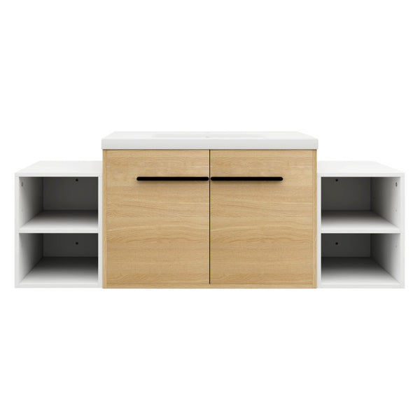 English Elm 54 Inch Wall Mounted Vanity with Resin Integrated Sink Soft Close Doors Open Shelving Glossy White/Oak W1972S00049