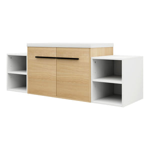 English Elm 54 Inch Wall Mounted Vanity with Resin Integrated Sink Soft Close Doors Open Shelving Glossy White/Oak W1972S00049