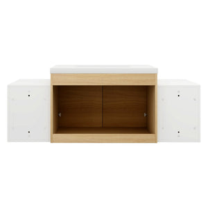 English Elm 54 Inch Wall Mounted Vanity with Resin Integrated Sink Soft Close Doors Open Shelving Glossy White/Oak W1972S00049