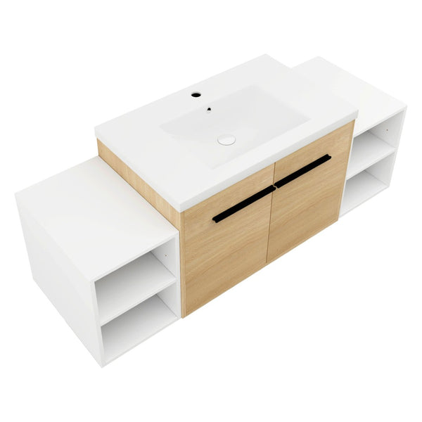 English Elm 54 Inch Wall Mounted Vanity with Resin Integrated Sink Soft Close Doors Open Shelving Glossy White/Oak W1972S00049