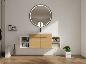 English Elm 54 Inch Wall Mounted Vanity with Resin Integrated Sink Soft Close Doors Open Shelving Glossy White/Oak W1972S00049