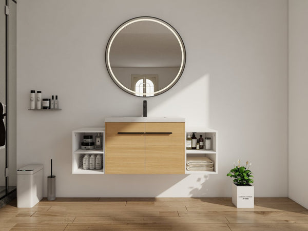 English Elm 54 Inch Wall Mounted Vanity with Resin Integrated Sink Soft Close Doors Open Shelving Glossy White/Oak W1972S00049