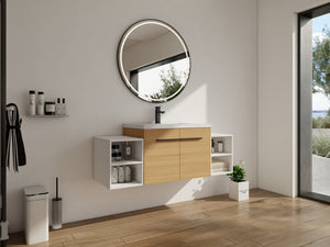 English Elm 54 Inch Wall Mounted Vanity with Resin Integrated Sink Soft Close Doors Open Shelving Glossy White/Oak W1972S00049