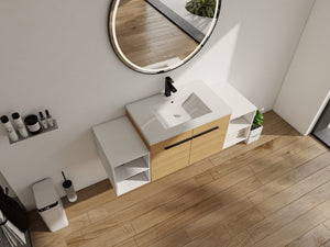 English Elm 54 Inch Wall Mounted Vanity with Resin Integrated Sink Soft Close Doors Open Shelving Glossy White/Oak W1972S00049