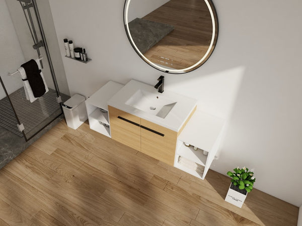 English Elm 54 Inch Wall Mounted Vanity with Resin Integrated Sink Soft Close Doors Open Shelving Glossy White/Oak W1972S00049