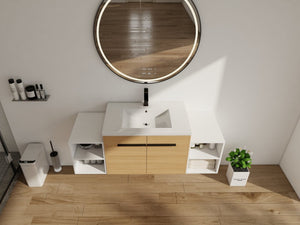 English Elm 54 Inch Wall Mounted Vanity with Resin Integrated Sink Soft Close Doors Open Shelving Glossy White/Oak W1972S00049