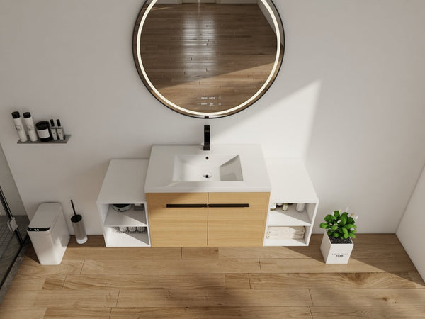 English Elm 54 Inch Wall Mounted Vanity with Resin Integrated Sink Soft Close Doors Open Shelving Glossy White/Oak W1972S00049