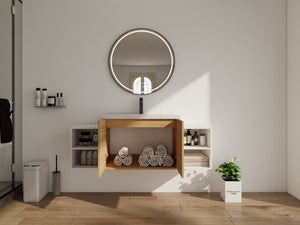 English Elm 54 Inch Wall Mounted Vanity with Resin Integrated Sink Soft Close Doors Open Shelving Glossy White/Oak W1972S00049