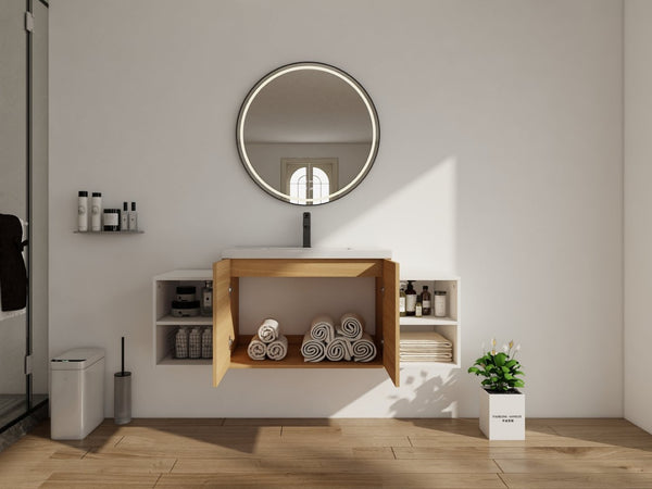 English Elm 54 Inch Wall Mounted Vanity with Resin Integrated Sink Soft Close Doors Open Shelving Glossy White/Oak W1972S00049