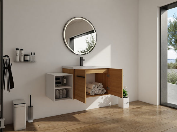 English Elm 54 Inch Wall Mounted Vanity with Resin Integrated Sink Soft Close Doors Open Shelving Glossy White/Oak W1972S00049