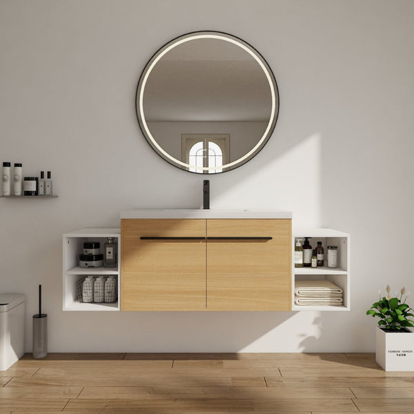 English Elm 60 Inch Wall Hung Bathroom Vanity Wood Grain Resin Sink Soft Close Modern Storage Glossy White / Oak W1972S00050