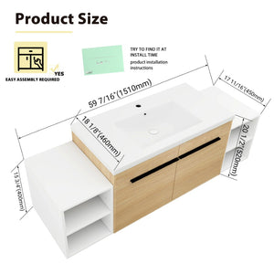 English Elm 60 Inch Wall Hung Bathroom Vanity Wood Grain Resin Sink Soft Close Modern Storage Glossy White / Oak W1972S00050