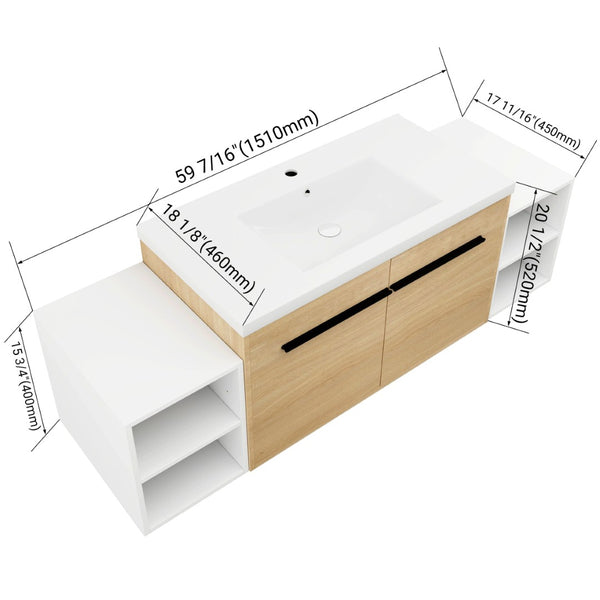 English Elm 60 Inch Wall Hung Bathroom Vanity Wood Grain Resin Sink Soft Close Modern Storage Glossy White / Oak W1972S00050