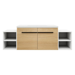 English Elm 60 Inch Wall Hung Bathroom Vanity Wood Grain Resin Sink Soft Close Modern Storage Glossy White / Oak W1972S00050