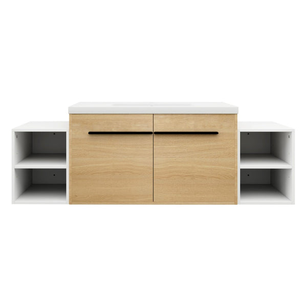 English Elm 60 Inch Wall Hung Bathroom Vanity Wood Grain Resin Sink Soft Close Modern Storage Glossy White / Oak W1972S00050