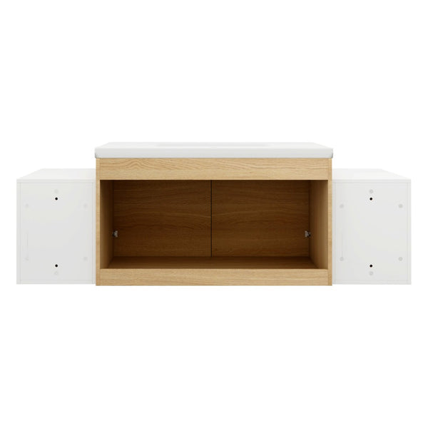 English Elm 60 Inch Wall Hung Bathroom Vanity Wood Grain Resin Sink Soft Close Modern Storage Glossy White / Oak W1972S00050