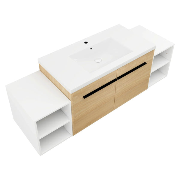 English Elm 60 Inch Wall Hung Bathroom Vanity Wood Grain Resin Sink Soft Close Modern Storage Glossy White / Oak W1972S00050